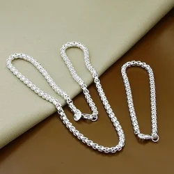 2Pcs set 45-60cm 925 Sterling Silver 4mm Chain Necklace Bracelet set For Women Men Wedding Engagement Charm Jewelry