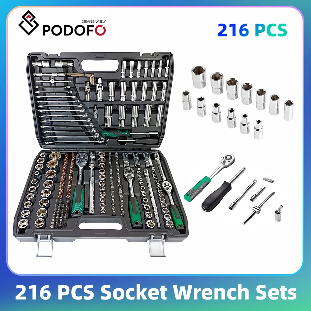 Podofo – Nouvel ensemble de clés à douille 216 pièces, kit d'outils de mécanicien, douilles 1/4 ", 3/8 ", 1/2 ", clé à cliquet 24 dents, outil de réparation automobile