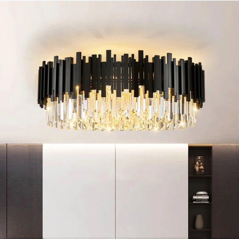 French minimalist Black LED Crystal chandelier,lustre Hardware Fashionable villa decoration Ceiling dimmable for living room