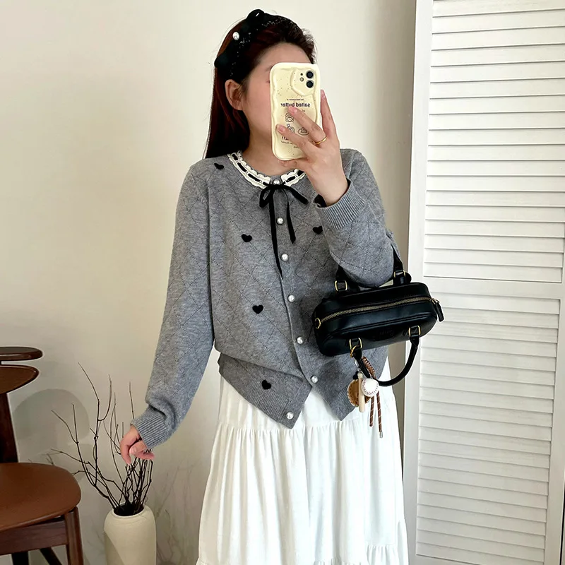 

Женский вязаный кардиган Sweet Style с вышивкой в виде сердца, больших размеров, осенне-зимний, с круглым вырезом, длинными рукавами