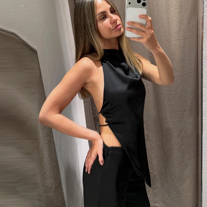 HXAO Satin-Neckholder-Top für Damen, weiß, asymmetrisch, ärmellos, mit offenem Rücken, für den Sommer, schwarz, elegant, rückenfrei, mit Bändern, Tank-Tops – Detail 11