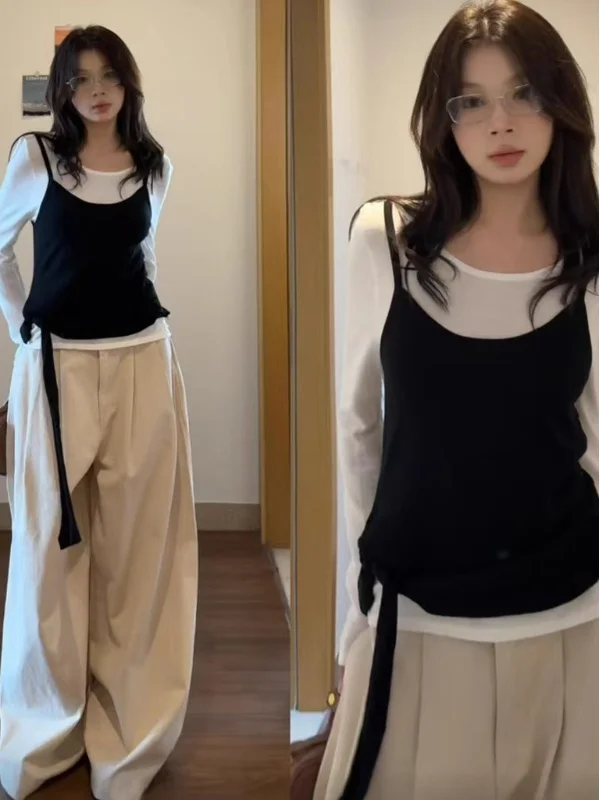 

Faionable Retro Strap Vest T-irt Two-Piece Set plus Size Women's Early Autumn New Sle Versatile Quali Commute Sle