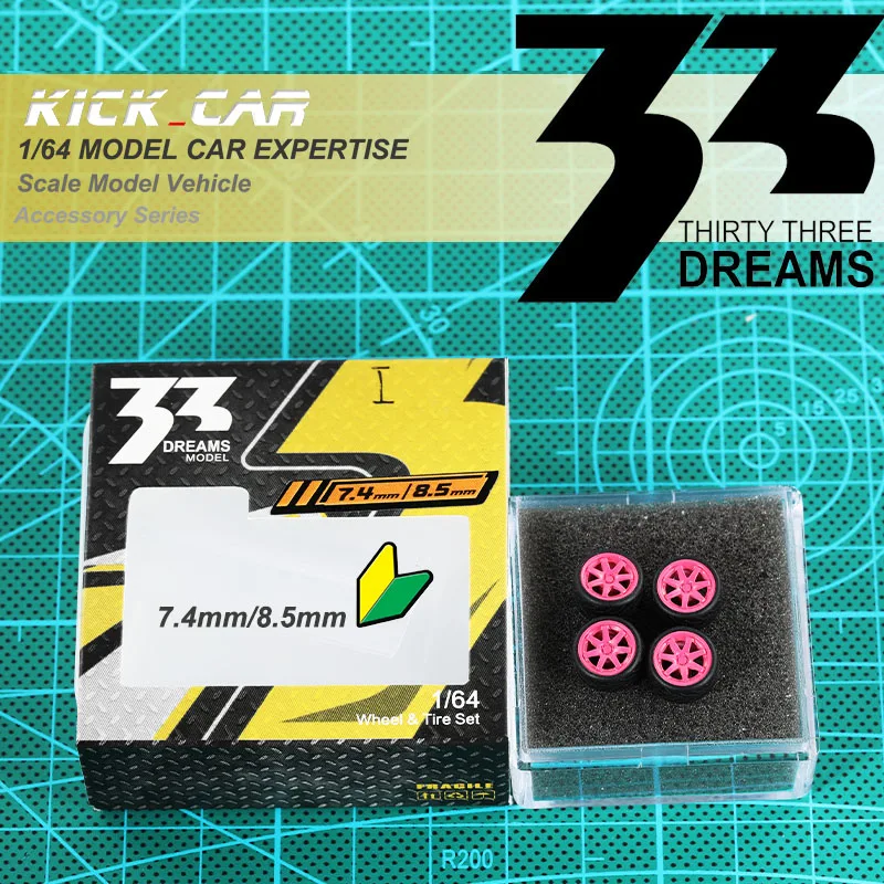 33Dreams 1/64 Wheels With Rubber Tires Pink 8.5mm Diameter for Hot Wheels MiniGT Model Cars Diecast Vehicle Modified Parts