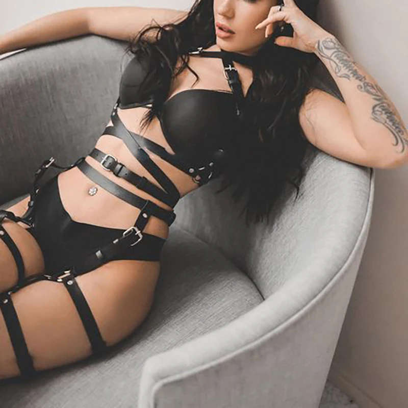 Women Sexy Leather Lingerie Body Harness Set BDSN Gothic Bondage Thigh Garter Belt Fetish Erotic Underwear Suspenders Harness