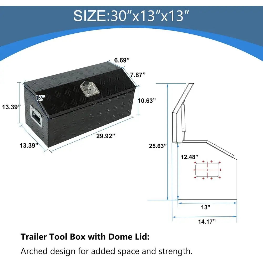 30 Inch A-E Style Trailer Toolbox with Diamond Plate, Dome Lid, Gas Strut, Lock & Keys, Weatherproof Storage for Trucks and RVs
