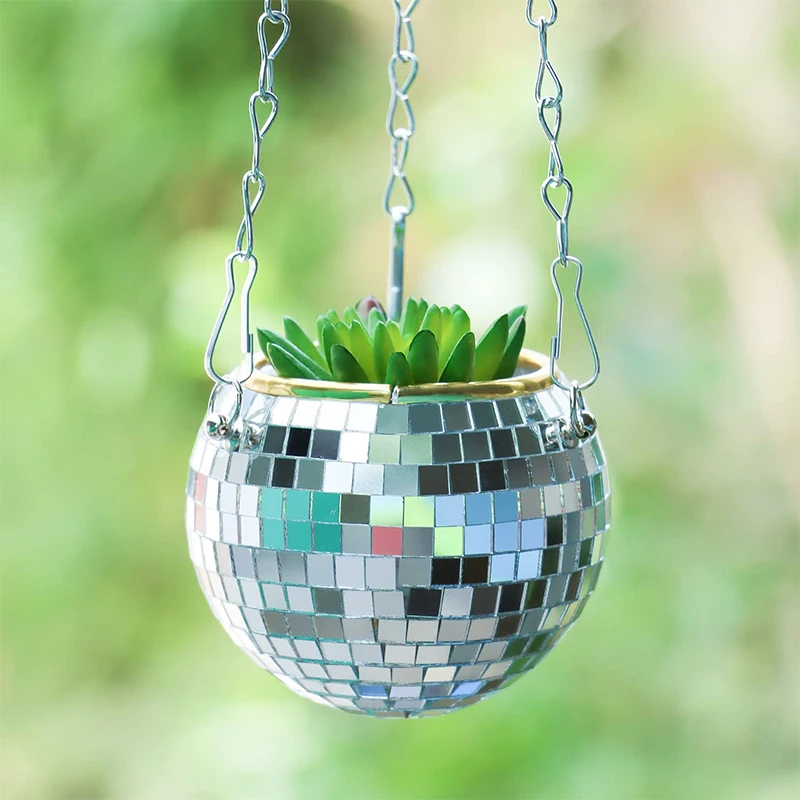 Hanging Mirror Spherical Plastic Flower Pot Gardening Hanging Basket Disco Ball Flower Pot For Indoor Plants Garden Decor Vase