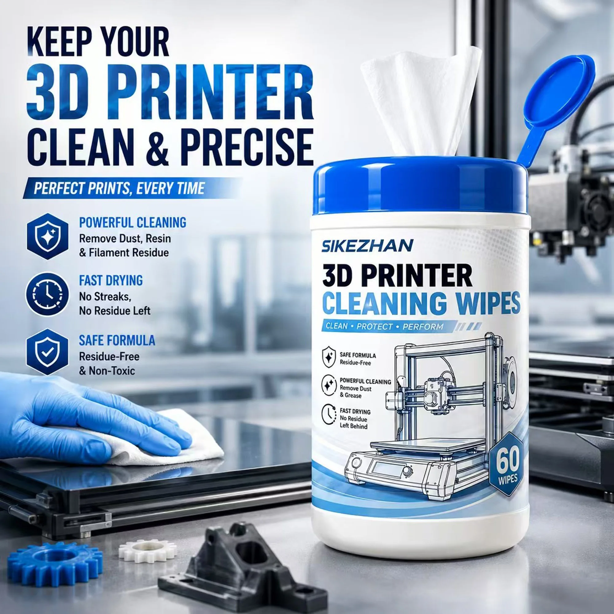 Print Head Cleaning Kit - ชุดทำความสะอาดเครื่องพิมพ์ 3D: ผ้าเช็ดทำความสะอาด 60 ชิ้น, เข็มทำความสะอาดหัวฉีด,