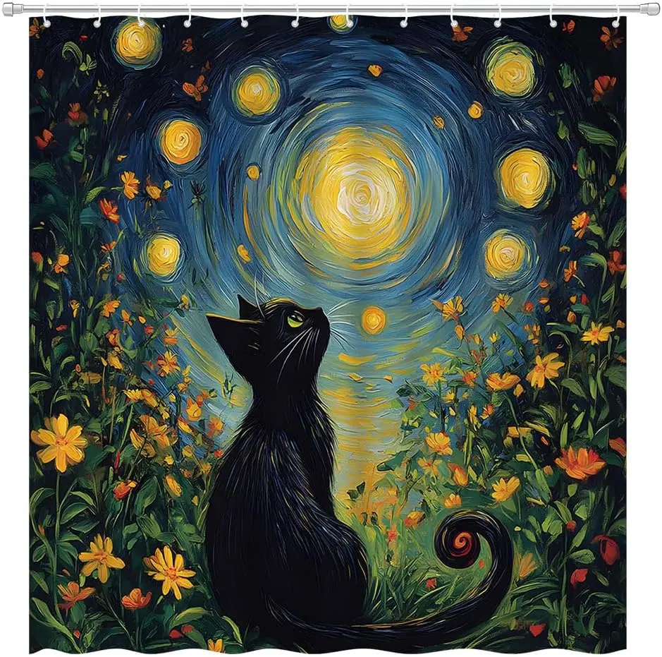 Funny Cat Shower Curtain Blue Starry Night Abstract Oil Painting Art Cute Black Kitten Rustic Garden Colorful Floral Wildflower