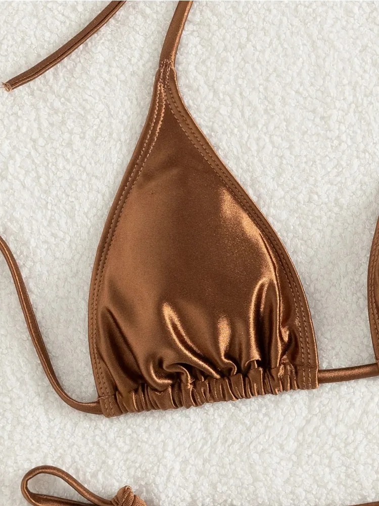2025 New Women Sexy Micro Bikini Solid Brown Push Up Tie Side Thong Bandage Triangle Beach Swimsuit 2 piece set