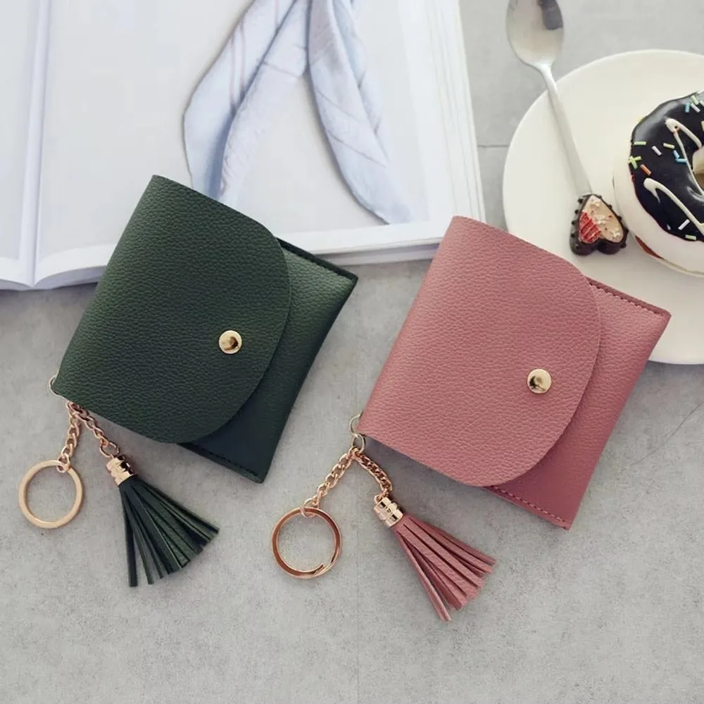 Mini PU Leather Coin Purse Multiple Slots Solid Color Card Holder with Tassel Pendants Key Bag for Women