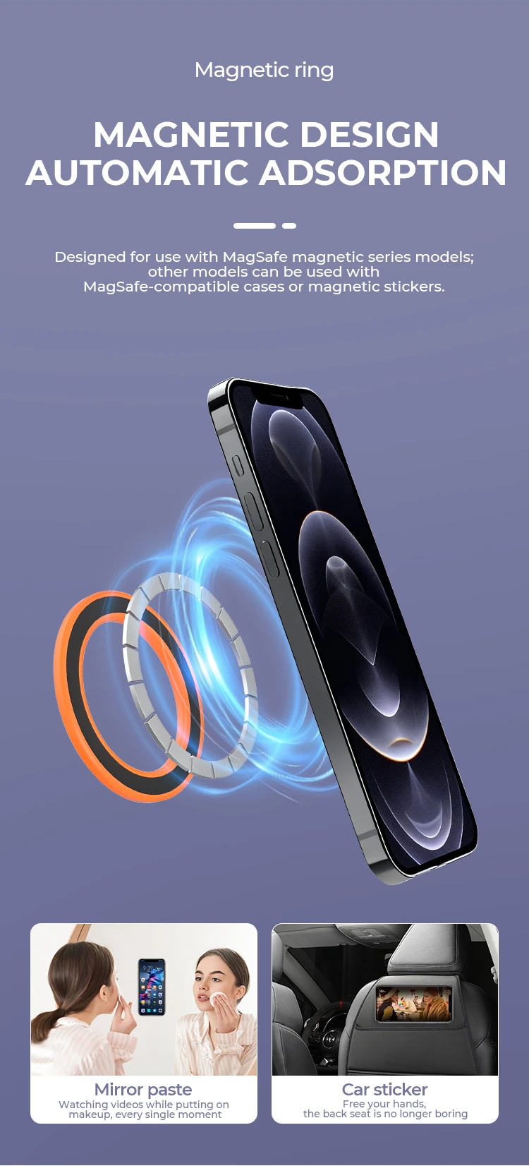 Magnetischer Ringhalter für iPhone 14 13 12, Magnetwand-Handyhalter magnetisch für MagSafe, Autotelefonständer, Aufkleberständer – Detail 4