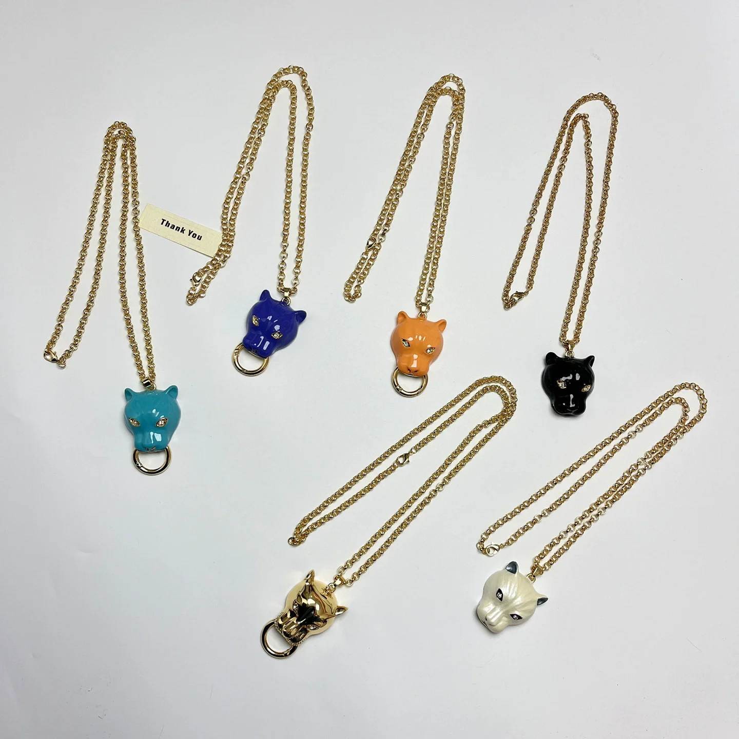 Kashmir Vintage Exaggerated Enamel Leopard Head Metal Pendant Necklace for Women Link Chain Long Sweater Chain Fashion Accessory