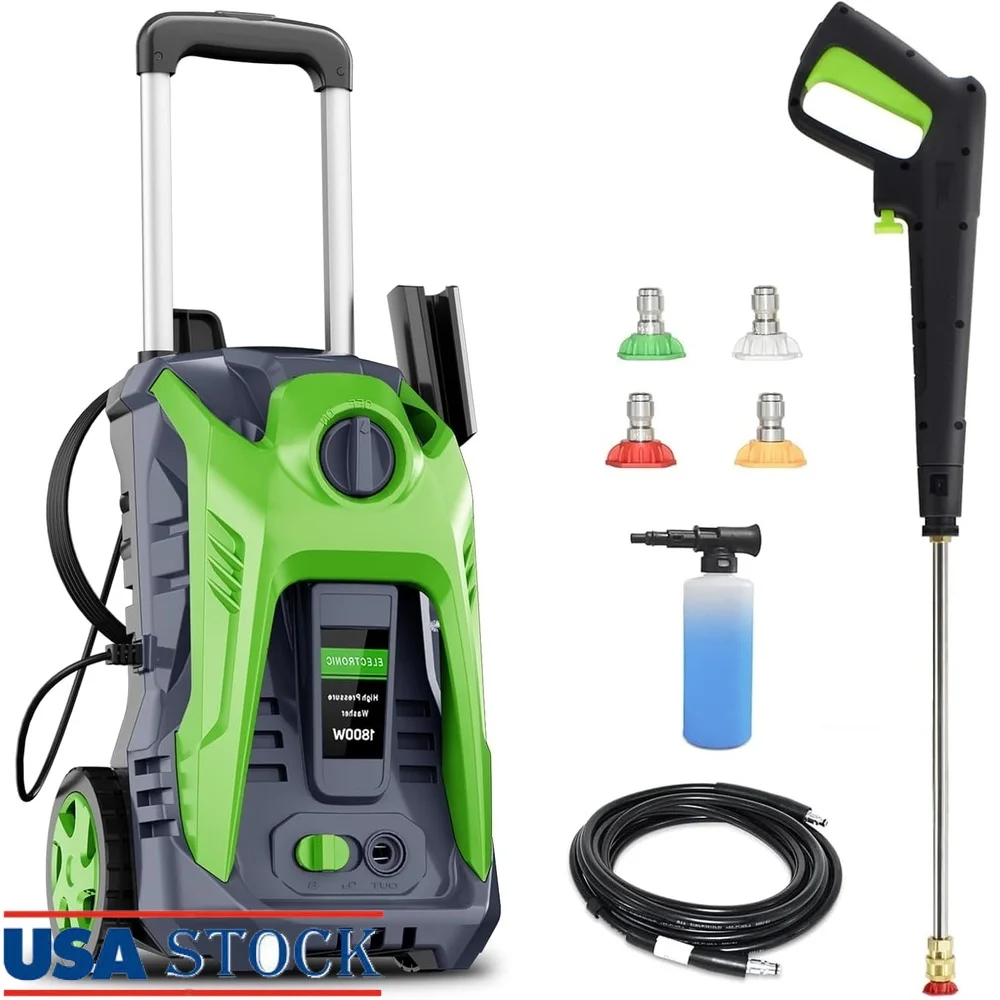 

Electric Pressure Washer 1450 PSI 1.4 GPM 25FT Hose 4 Nozzles Foam Tank Energy Efficient Total Stop System Outdoor Cleaning