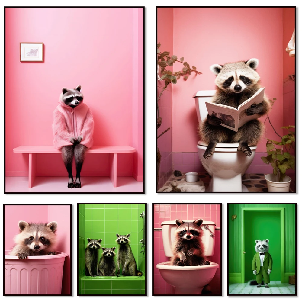 Playful raccoon playing with bubbles, funny raccoon in the bathroom, unique animal art, whimsical wall nursery decor poster