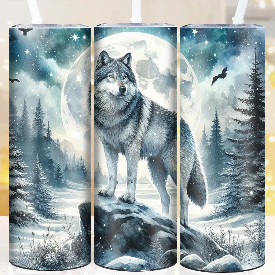 

20oz Stainless Straight Tumblers Straw Lid 3D Print Wolf & Moonnight Cold Hot Insulated Party Mugs Festive Travel Vacuum Tumbler