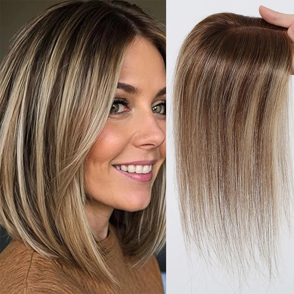 dark-brown-blonde-highlight-remy-human-hair-topper-lace-base-3-clips-in-hairpieces-for-women-12-inches-100-remy-human-hairpiece