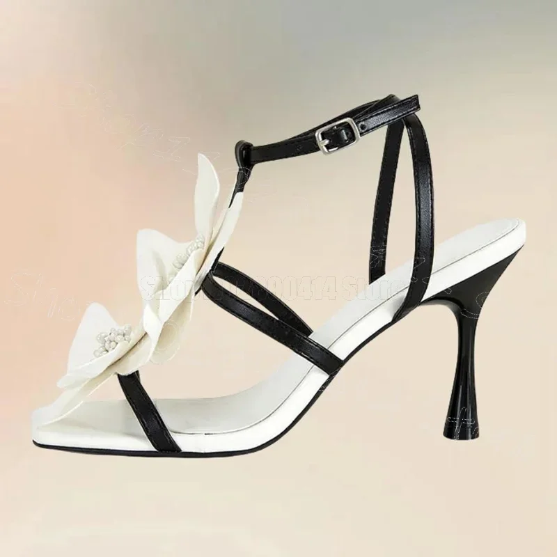 

White Appliques Design Open Toe Sandals Buckle Strap Women Shoes Thin High Heels Fashion Party Banquet 2025 Zapatos Para Mujere