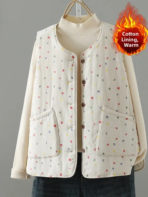 

Retro Cotton Linen Polka Dot Warm Jaet Vest Large Size Women's Clothing with kets round Ne Svel oulder Pad Win...