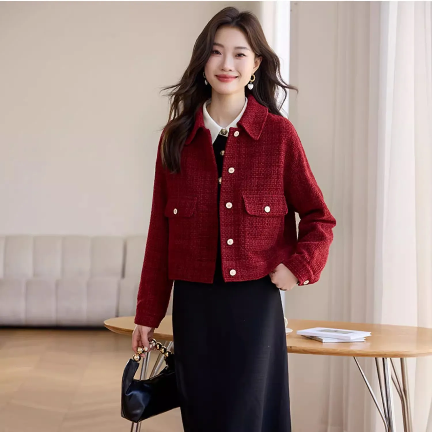 Exquisite Red Fragrant Women\'s Short Coat 2023 Autumn/Winter New Retro Casual Jacket