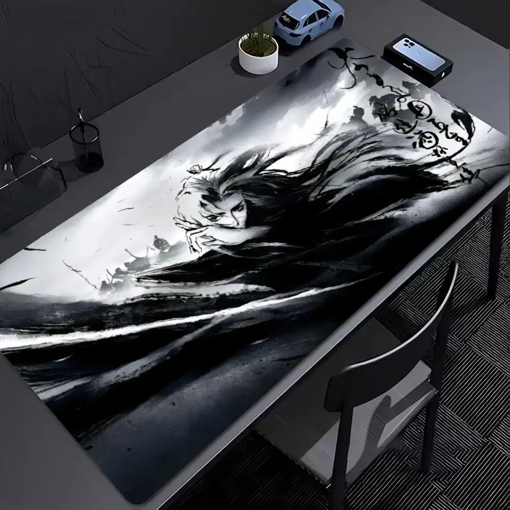 XXL Ink Anime Warrior Figure Gaming Mouse Pad Non-Slip Deskmat Overlock Oriental Calligraphy Floral Large Keyboard Desktop Pad