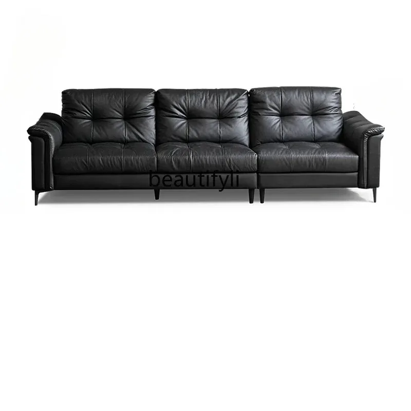 

Leather straight-row sofa modern simple office retro medieval light luxury first-layer cowhide sofa