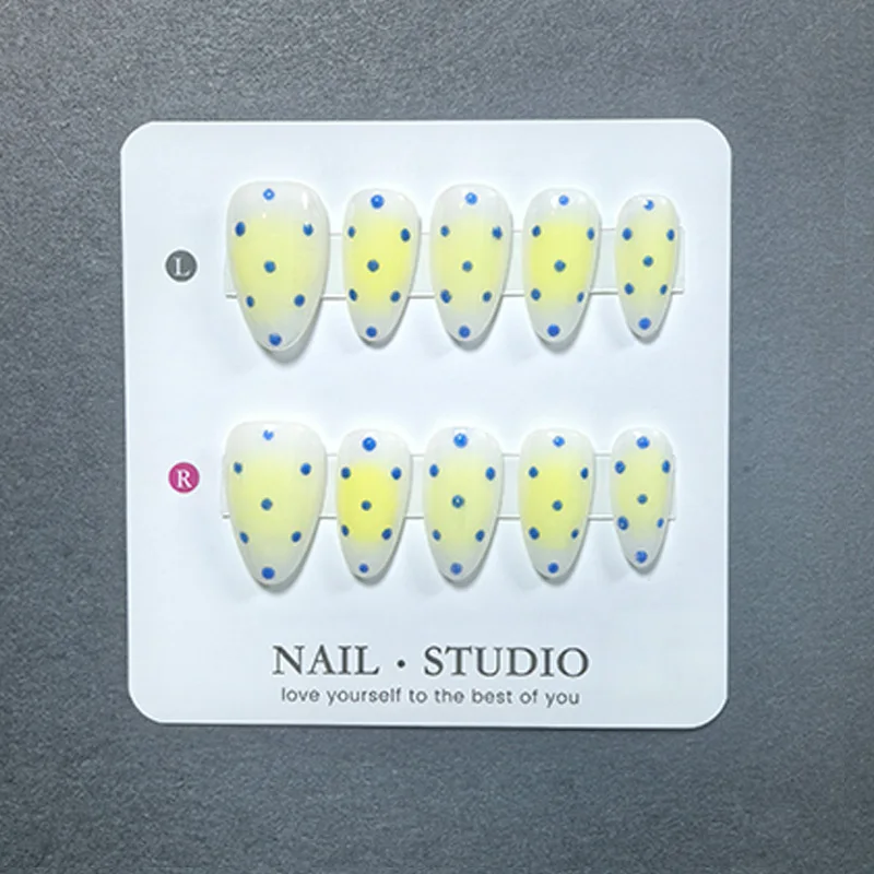 10pcs Almond Gradient Polka Dot Cat Eye Press on Nails Handmade Multieffect Acrylic False Nails Glossy Gel Manicure Set