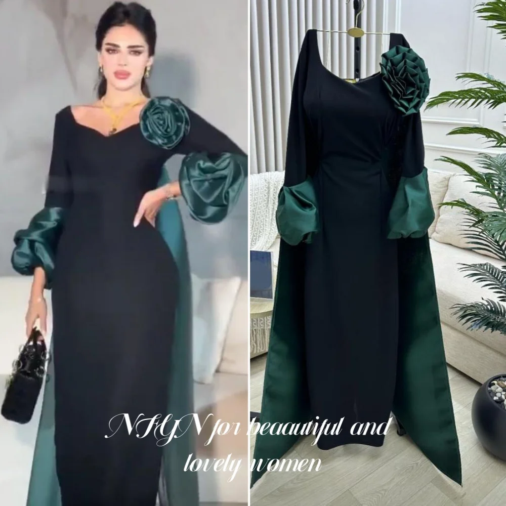 NFYN robes de soirée en Satin noir robe de nuit à manches régulières plis fleurs robe de soirée avec fermeture éclair dos balayage Train personnalisé