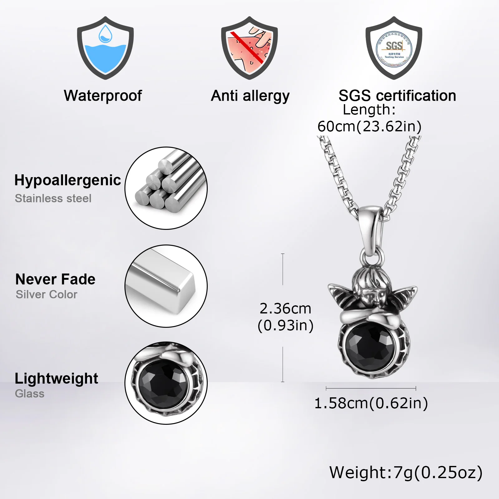 Halskette mit kleinem Engel-Anhänger für Männer und Jungen, Halskette mit rundem Naturstein-Anhänger aus Edelstahl, trendiger, lässiger Schmuck – Detail 2