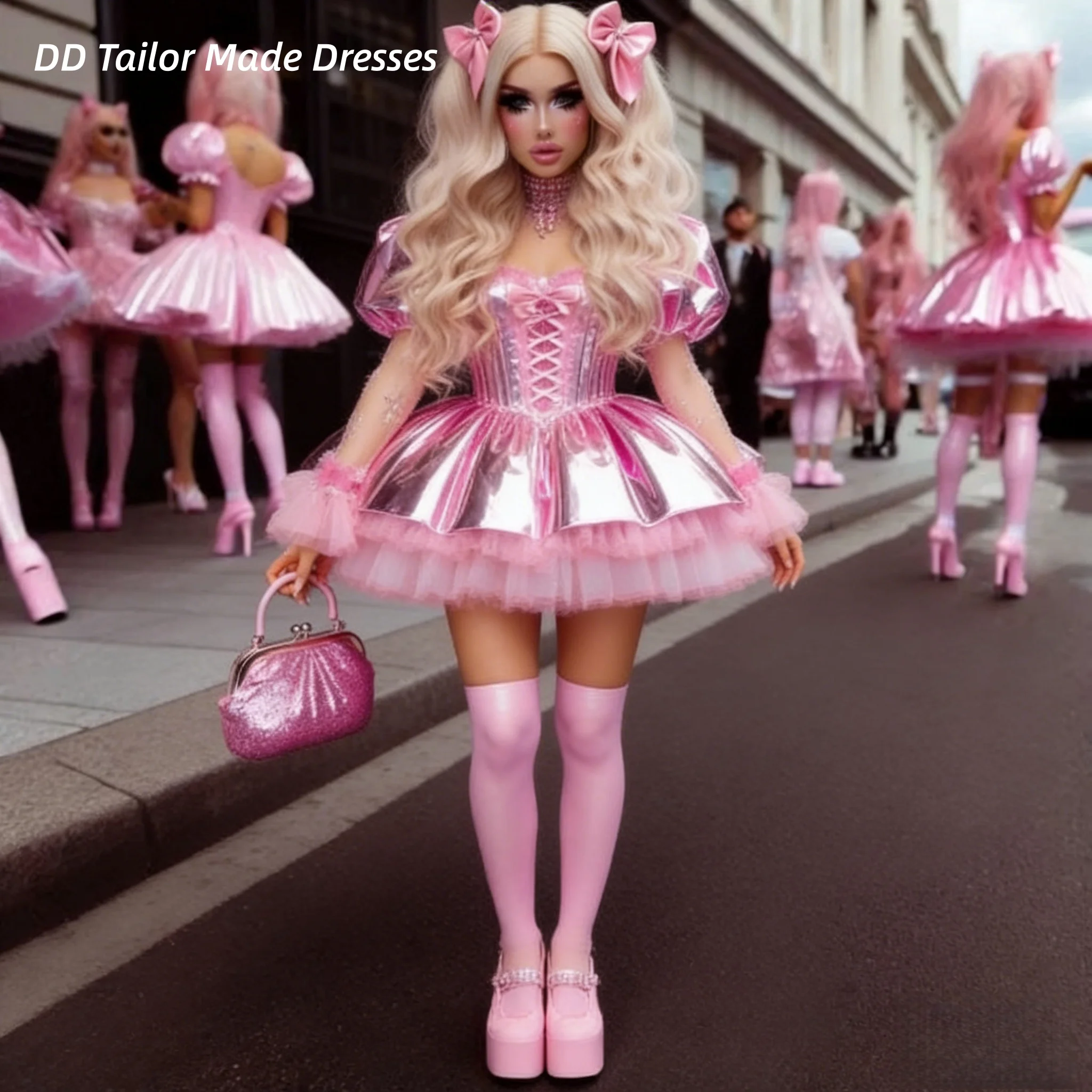 Mini kurzes rosa Lolita-Abschlussballkleid, glänzendes Cosplay-Kostüm, abgestuftes Ballkleid, Korsett, Geburtstagsparty-Kleid, individuell