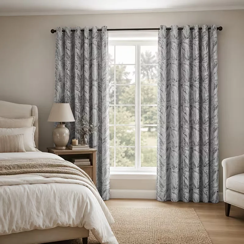 1pc Low-saturation Grey Botanical Print Curtain, Sketch Leaf Design, Luxury Blackout Curtain for Living Room