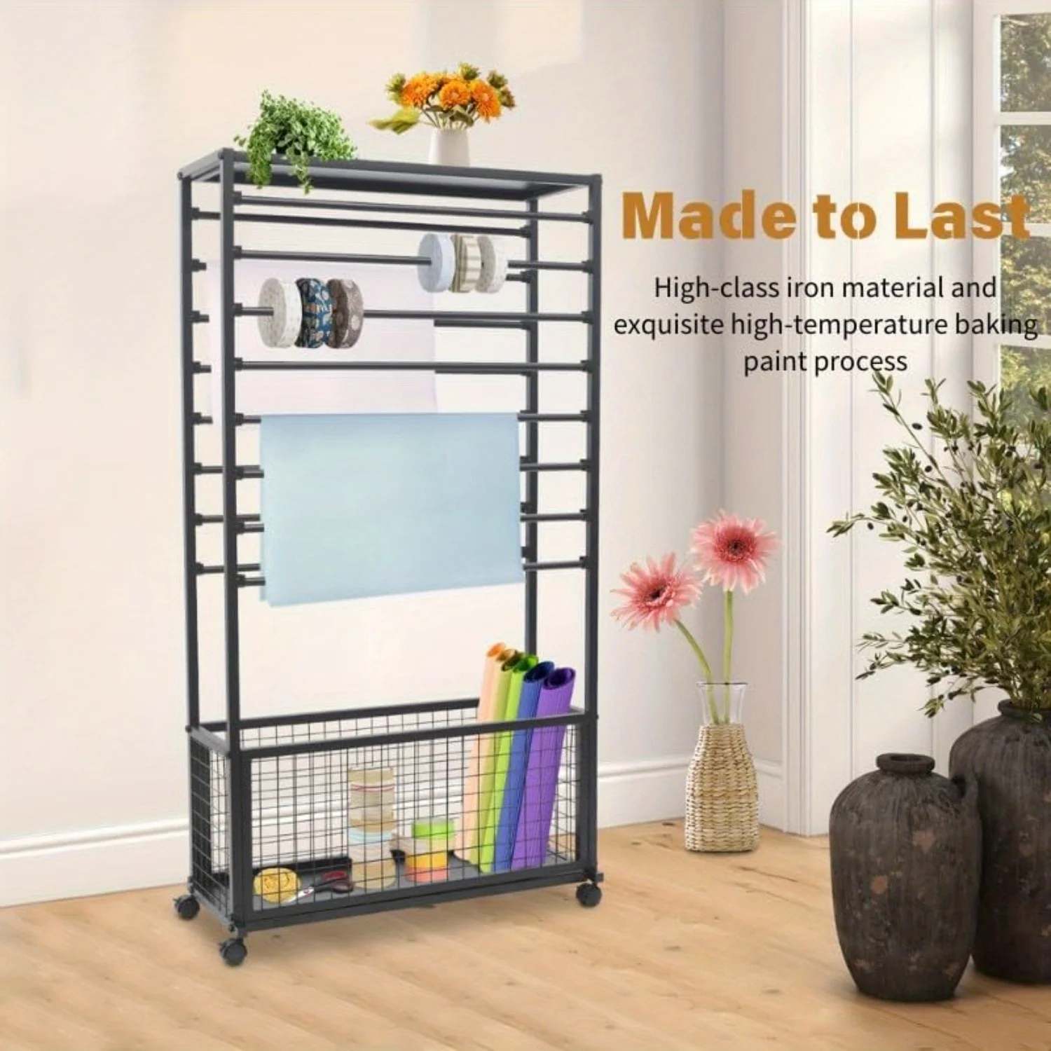 Ribbon Holder Organizer Rack, Double-Sided 16-Tier Ribbon Display Stand with Storage Basket and Wheels, Multifunctional Flower
