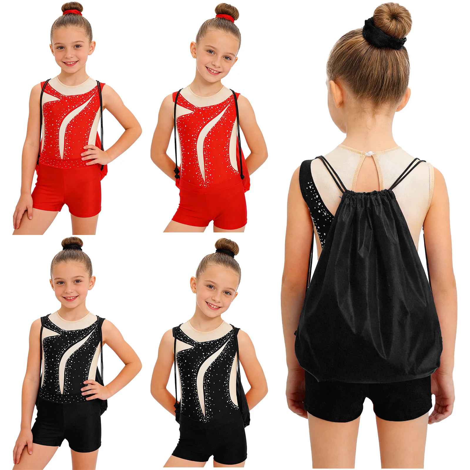 Traje de ballet y patinaje artístico con diamantes de imitación brillantes para niñas, leotardo de gimnasia con pantalones cortos, diadema y mochila con cordón