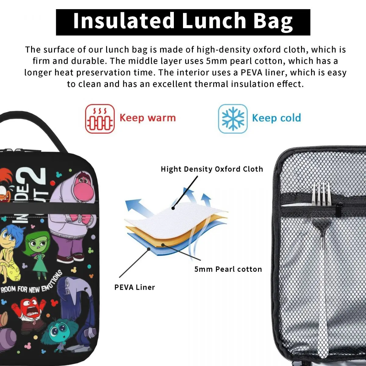 Inside Out 2 Movie 2024 Cartoon Thermal Insulated Lunch Bags for Work Portable Bento Box Cooler Thermal Food Box