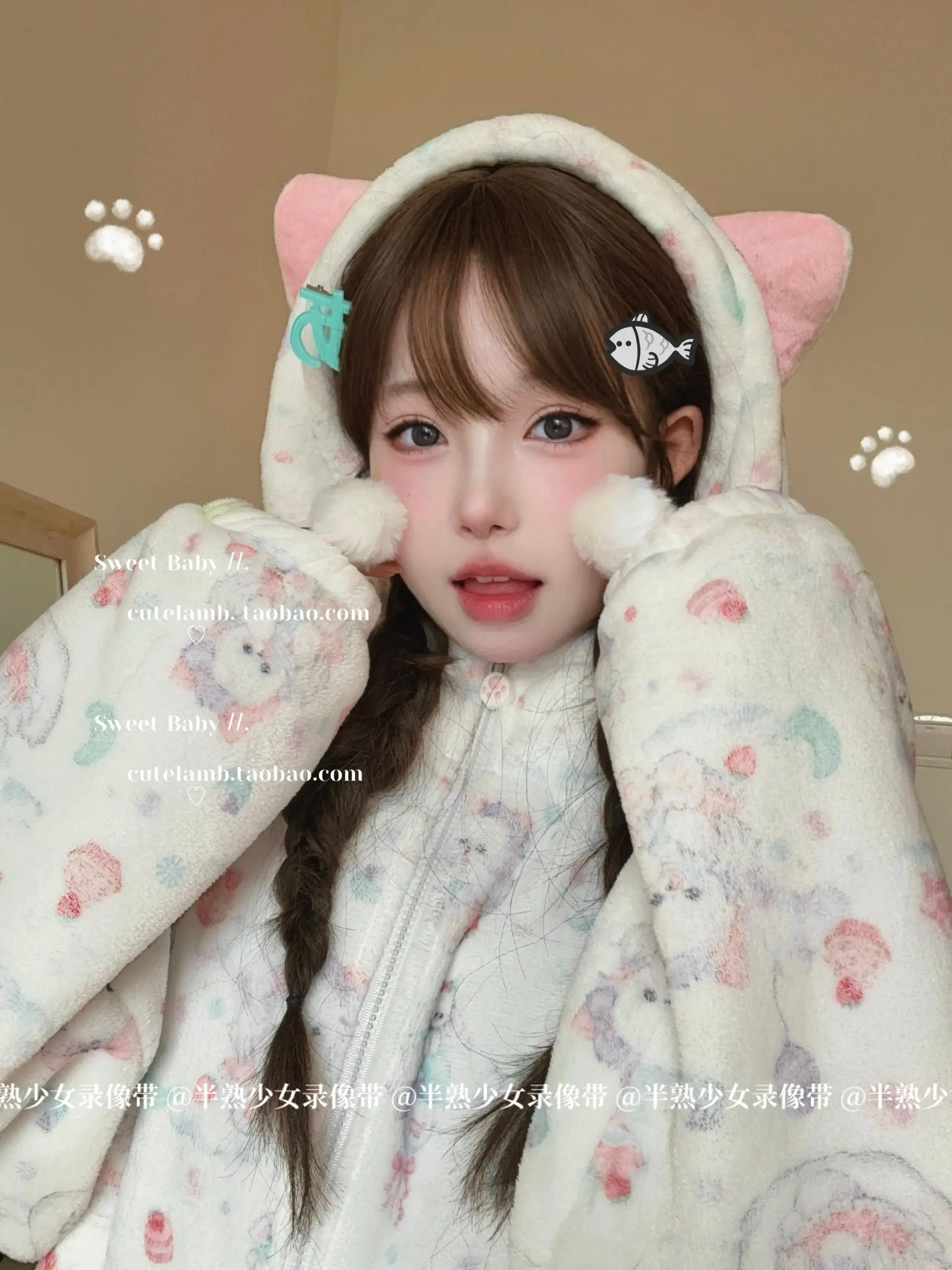 2025 New Hooded Pajamas Women Cat Ears Cute Flannel Long Sleeve Cartoon Print Zipper Sleepwear Soft Warm Japanese Home Clothing