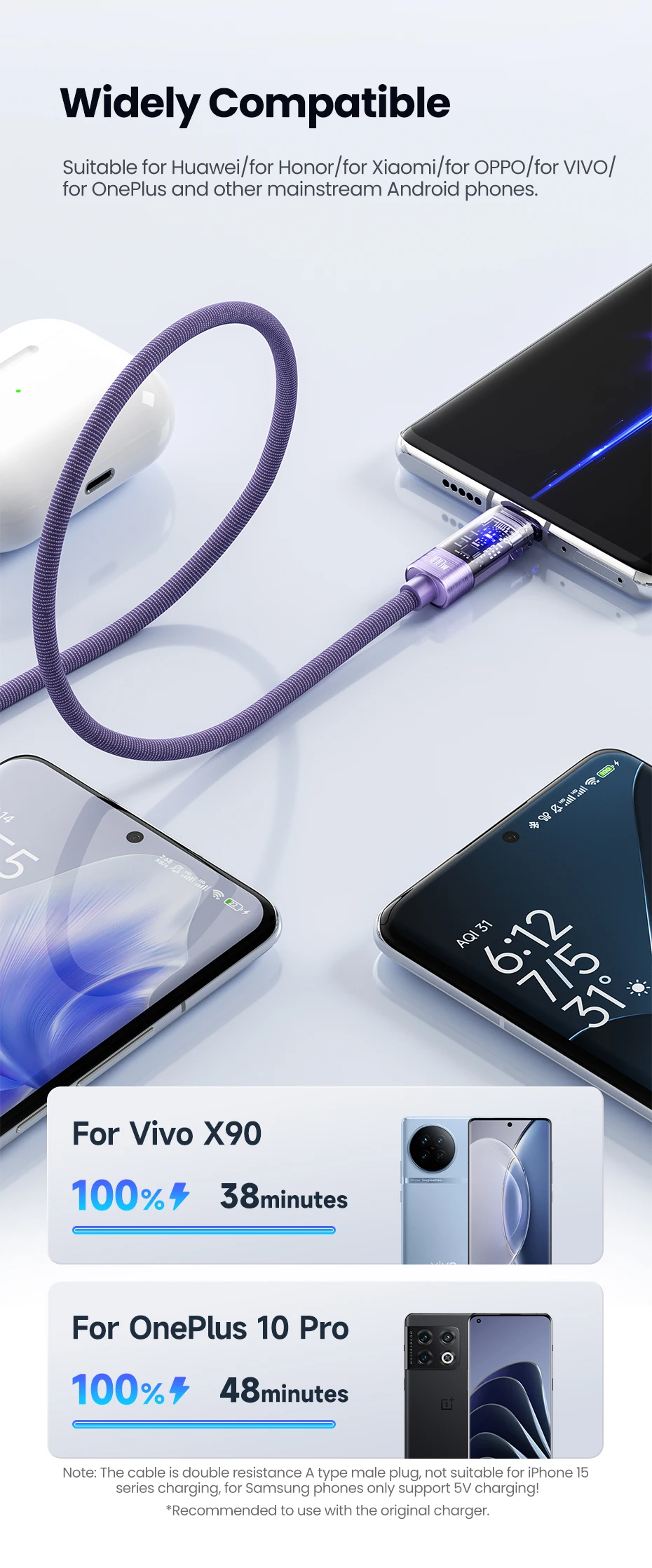 Toocki 100W USB-C-Kabel, 6A, QC4.0, Schnellladefunktion, intelligente automatische Abschaltung, Datenkabel für iPhone 15, Samsung Galaxy S23, S22, Huawei. – Detail 7