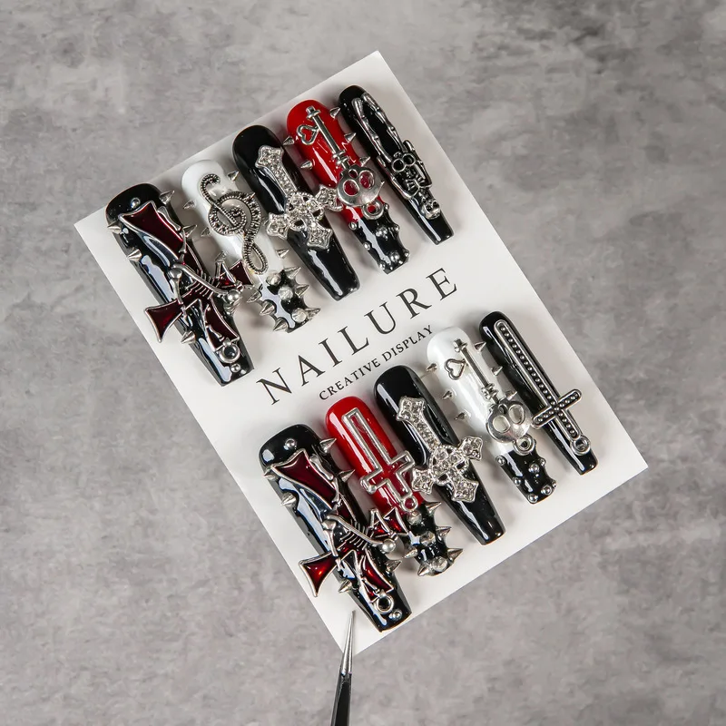 Handmade Long Coffin Press On Nails Black Red White Gothic Cross Metal Charms Fake Nails Punk Rivet Design Reusable Wearable Fal view 3