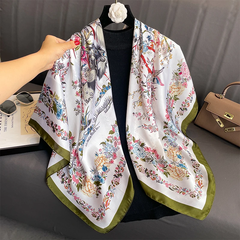 110x110cm Women Silk Square Scarf Hijab Female Design Print Lady Shawl Wraps Foulard Headbands Bufanda Large Bandana Luxury 2023