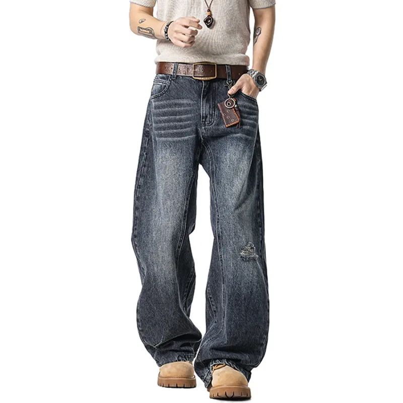 Men's Deconstructed Cut Wide Leg Jeans American Style Trendy Washed Blue Denim Long Pants Fashion Loose Trousers
