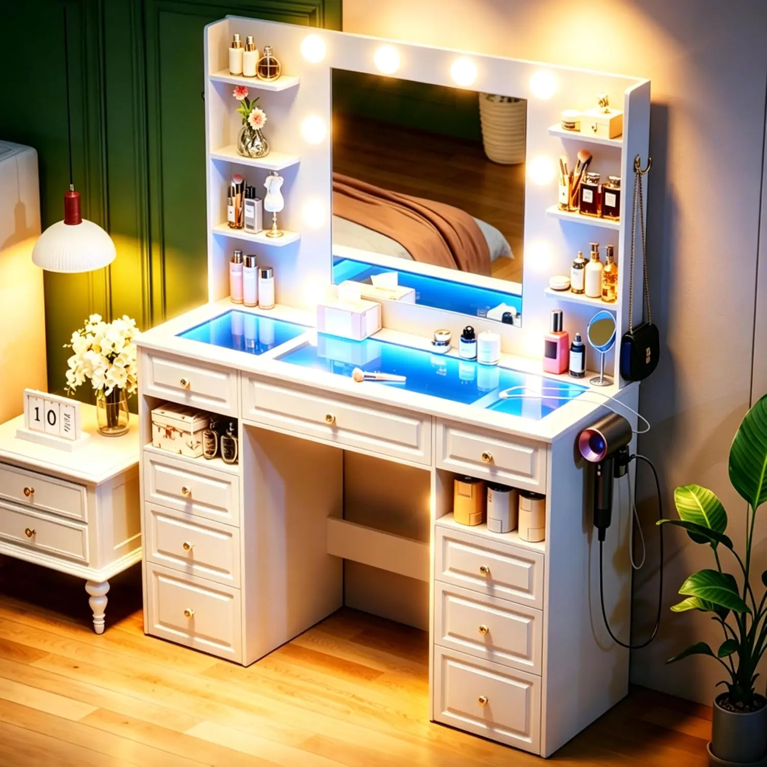 Vanity Desk with Mirror & 10 LED Lights, 9 Drawers Glass Top, 3 Lighting Modes Adjustable, White, Customized