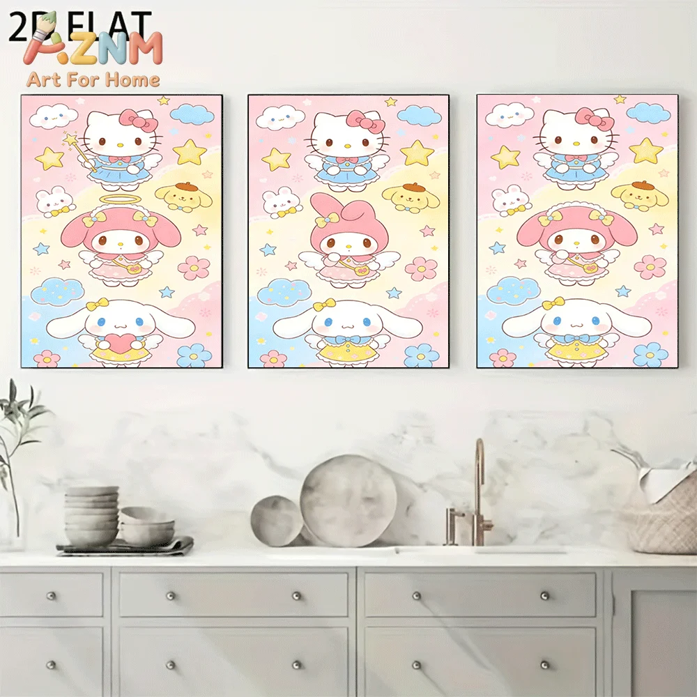 AZNM Sanrio Characters Canvas Wall Art Unframed Cute Cartoon Print Poster Hello Kitty My Melody Cinnamoroll Angel Star Cloud Pas