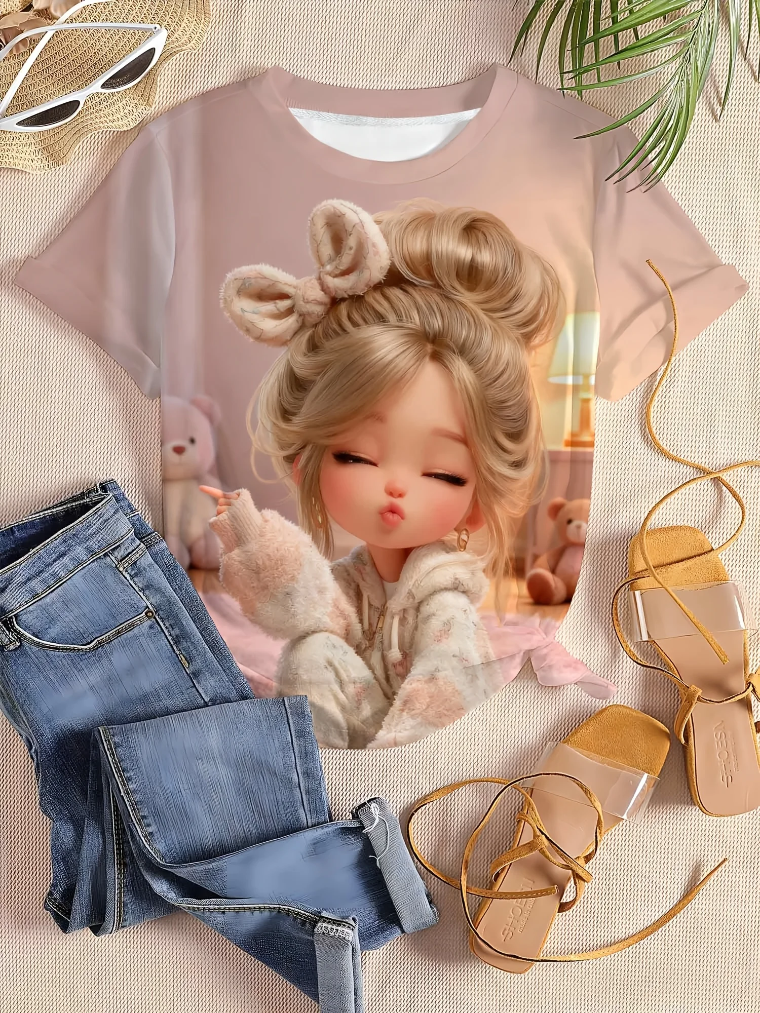 Women Crew Neck Short Sleeve T‑Shirt, Cute 3D Cartoon Girl With Teddy Bear Cozy Room Art Graphic Casual Tee