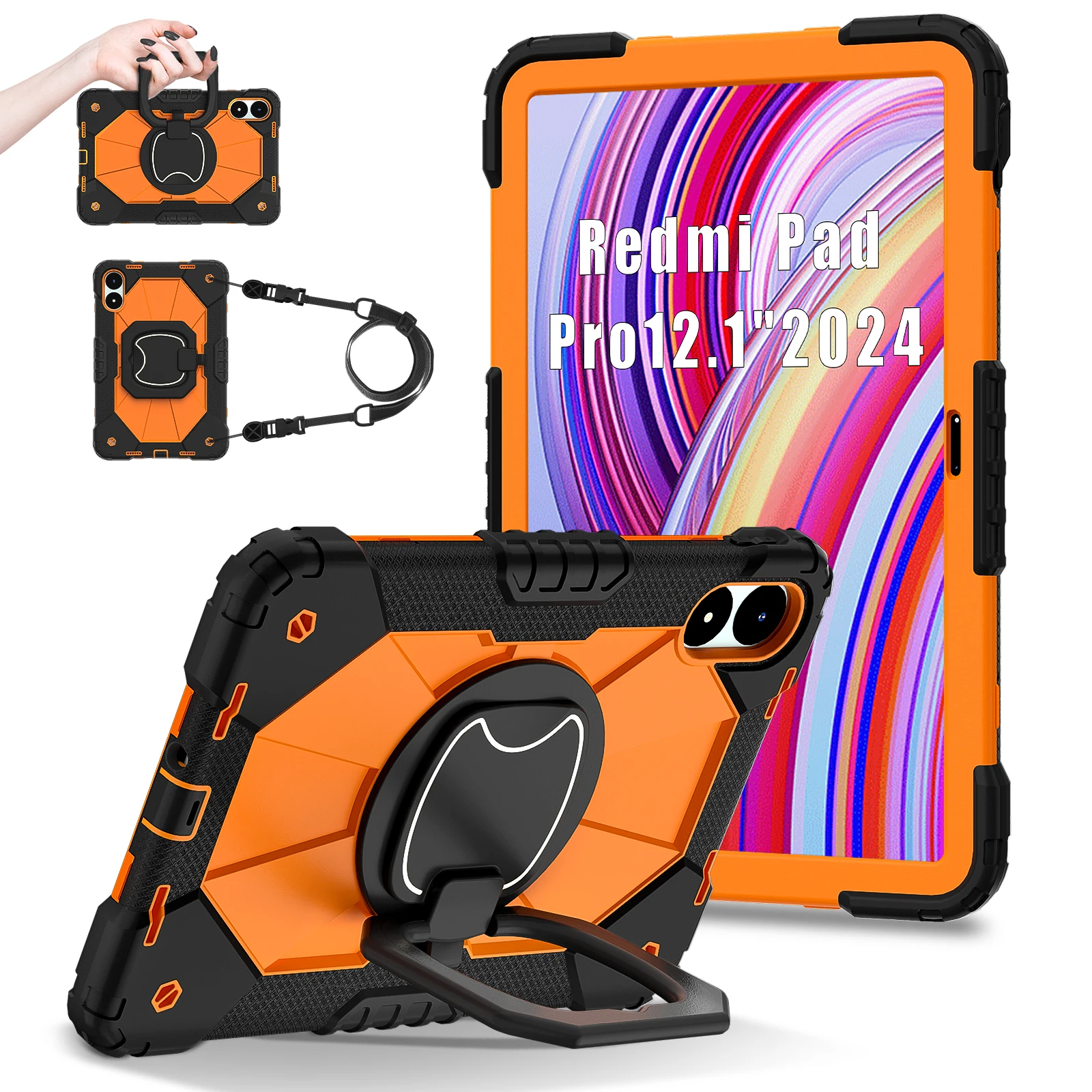 

360 Rotatable Armor Case For Xiaomi Redmi Pad Pro 2024 12.4 inch Heavy Duty Stand Cover 3-Layers With Handle Grip Shoulder Strap