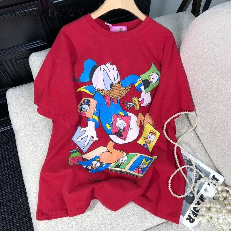 Popular O-Neck Short-sleeved Tees Brushed Cartoon Diamond Drills Pattern Casual Half-sleeves Autumn And Winter 2024 Top T-shirts