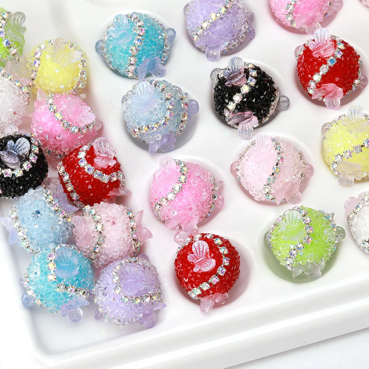 6pcs 1.6cm Random Color Mix Embed Rhineston Soft Granulated Sugar Creative Beaded Pen Butterfly Shape Round Acrylic Beads For