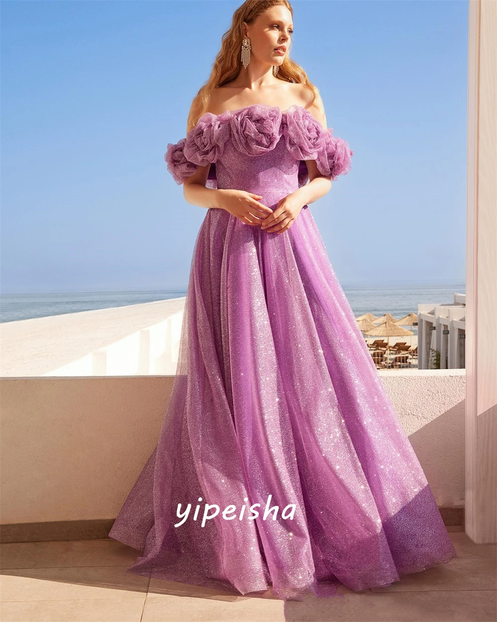 Jiayigong  Sexy Casual   Organza Handmade Flower Draped Beach A-line Off-the-shoulder Bespoke Occasion Gown Long Dresses