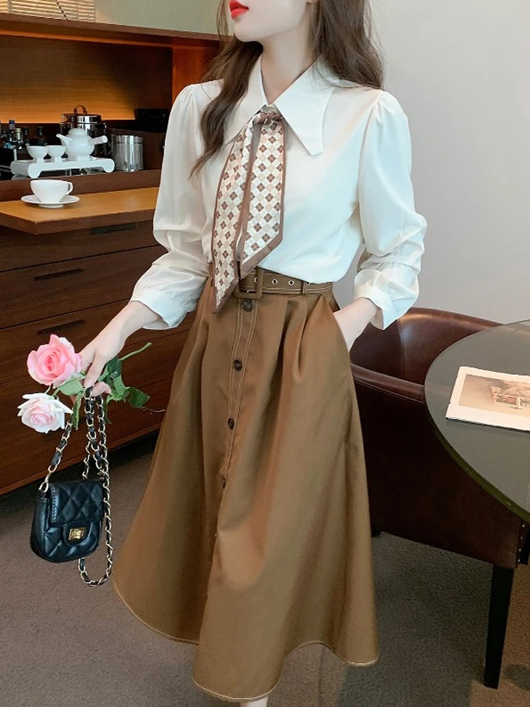 

New 2023 Women Vintage Spring Autumn Office lady Suit Bow Lapel White Shirt Top + Belt Skirt OL Two Piece Sets Lady Outfits