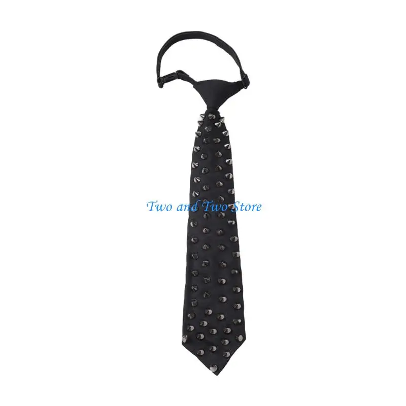 HX6F Punk Pre Tied Black Ties with Decorative Metal Rivets for Women Girls Normal Shirt Or Blouse Uniform