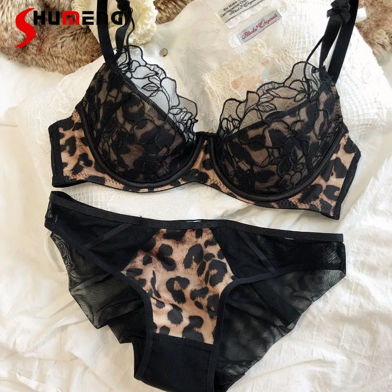 

Lace Hollow Soft Underwire Brief Sets Women's Leopard Print Sexy Embroidery Intimates Female Japanese Minimizer Bra Suit