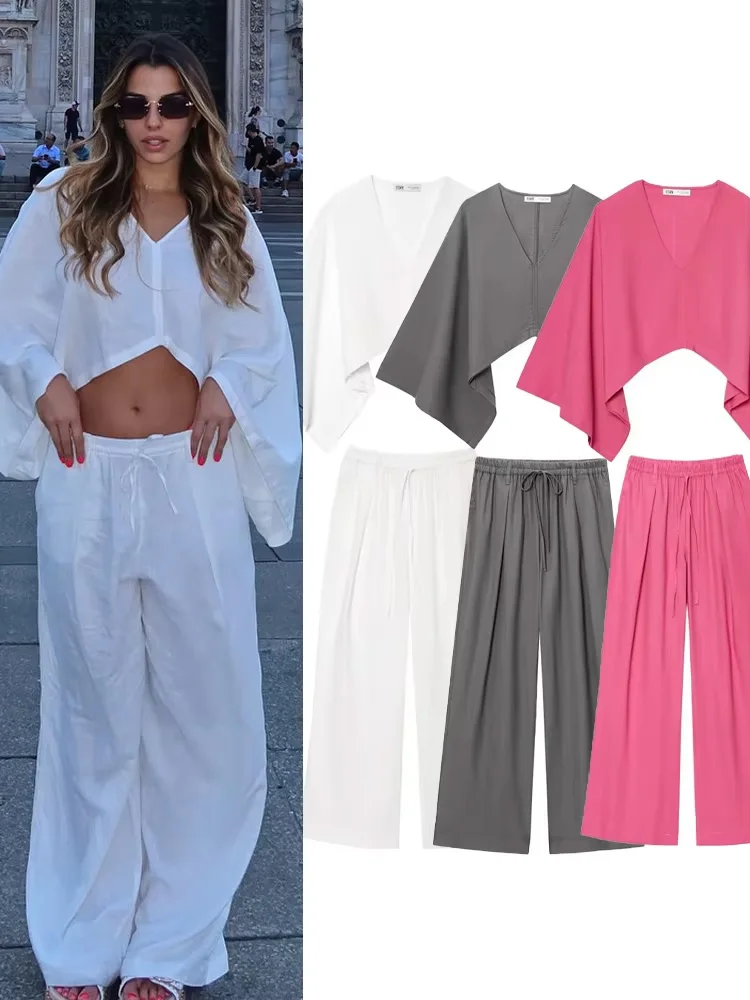 

HH женский льняной однотонный брючный костюм с длинным рукавом и v-образным вырезом, асимметричное кимоно, топ + широкие брюки на шнуровке с эластичной резинкой на талии