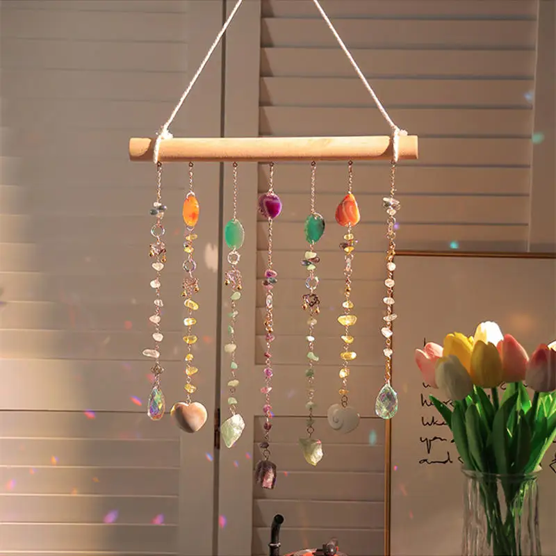 

Handmade Wooden Hanging Crystal Sun Catcher Natural Gem Stones Elegant Wind Chime Room Wall Art Decor for Window Ornament Gift